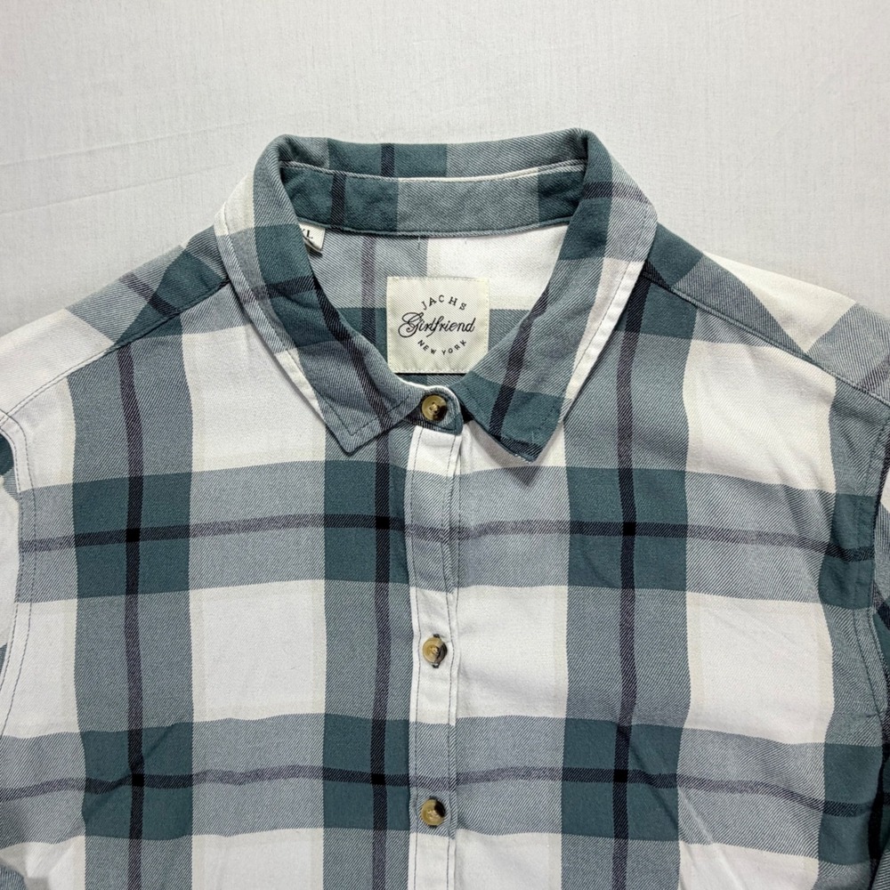 Jachs Girlfriend‎ Plaid Flannel Shirt Women XL Green White Long Sleeve Button Up